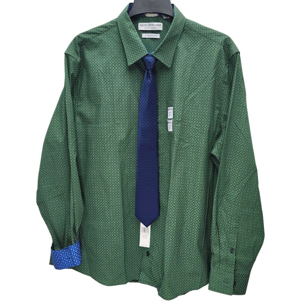 Nick Graham Stretch Modern Fit Dress Shirt and Tie Set Mens 2XL-XL Mosaic Dot